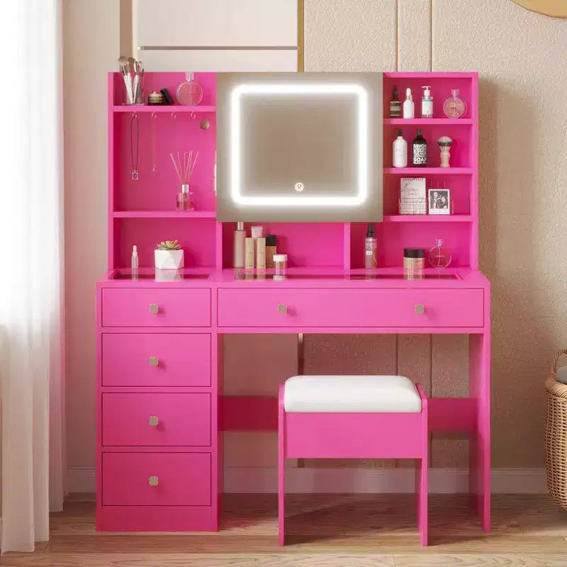 Coiffeuse Barbie rose avec 5 tiroirs en aggloméré et plateau en verre trempé, stratifiée avec de la mélamine texturée