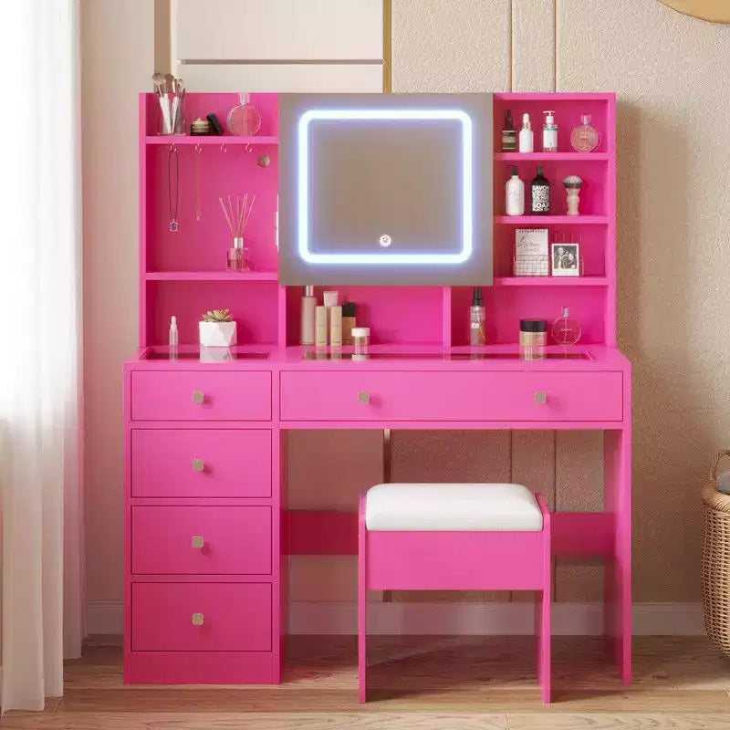Coiffeuse Barbie rose avec 5 tiroirs en aggloméré et plateau en verre trempé, stratifiée avec de la mélamine texturée