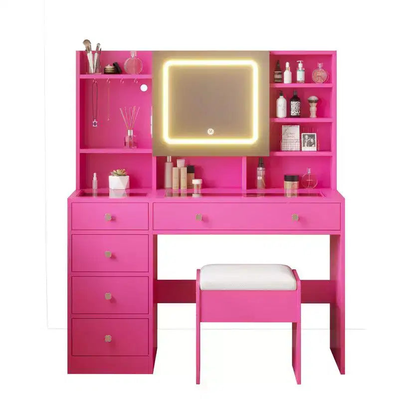 Coiffeuse Barbie rose avec 5 tiroirs en aggloméré et plateau en verre trempé, stratifiée avec de la mélamine texturée