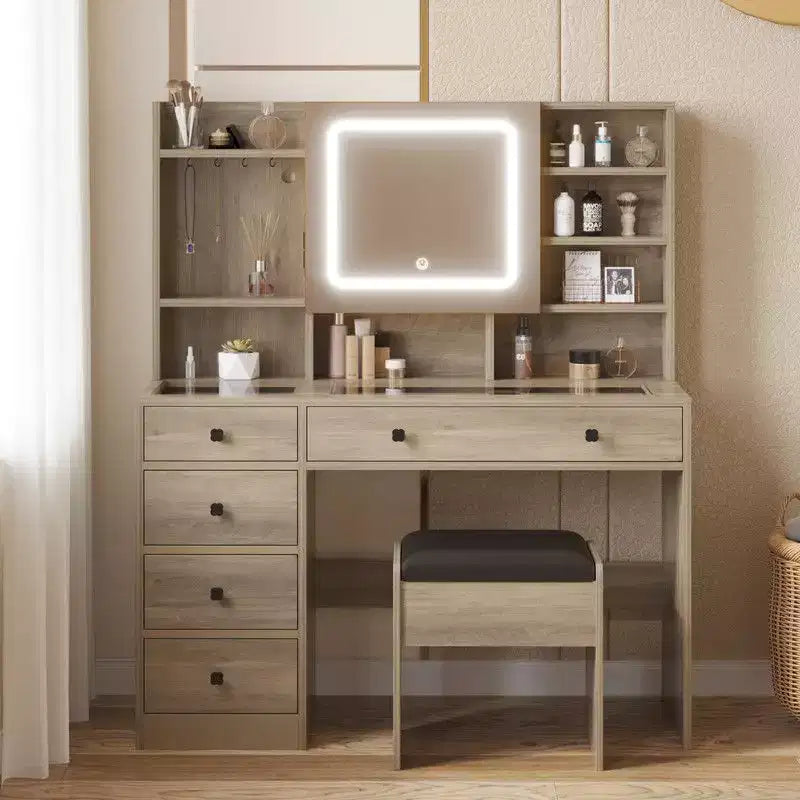 Coiffeuse Barbie rose avec 5 tiroirs en aggloméré et plateau en verre trempé, stratifiée avec de la mélamine texturée