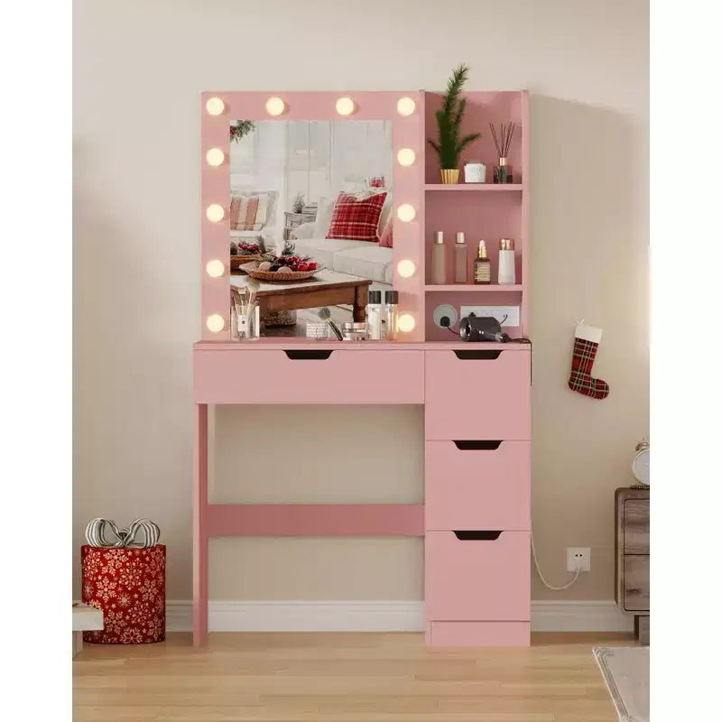 Coiffeuse avec miroir, table de maquillage avec 4 tiroirs et 3 étagères de rangement pour chambre et dressing