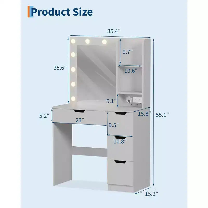 Coiffeuse avec miroir, table de maquillage avec 4 tiroirs et 3 étagères de rangement pour chambre et dressing