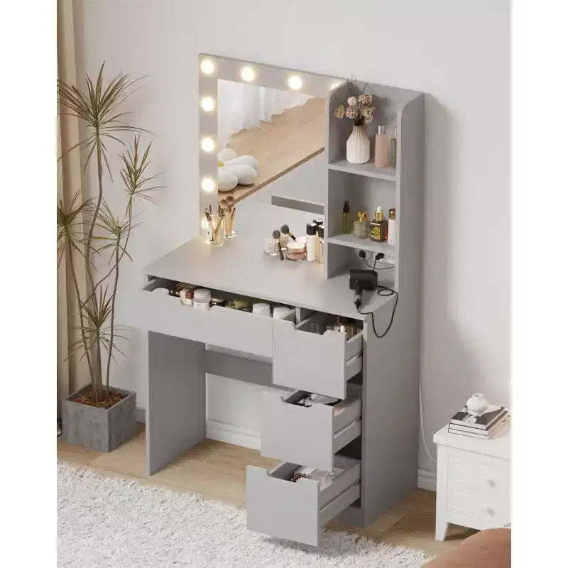 Coiffeuse avec miroir, table de maquillage avec 4 tiroirs et 3 étagères de rangement pour chambre et dressing