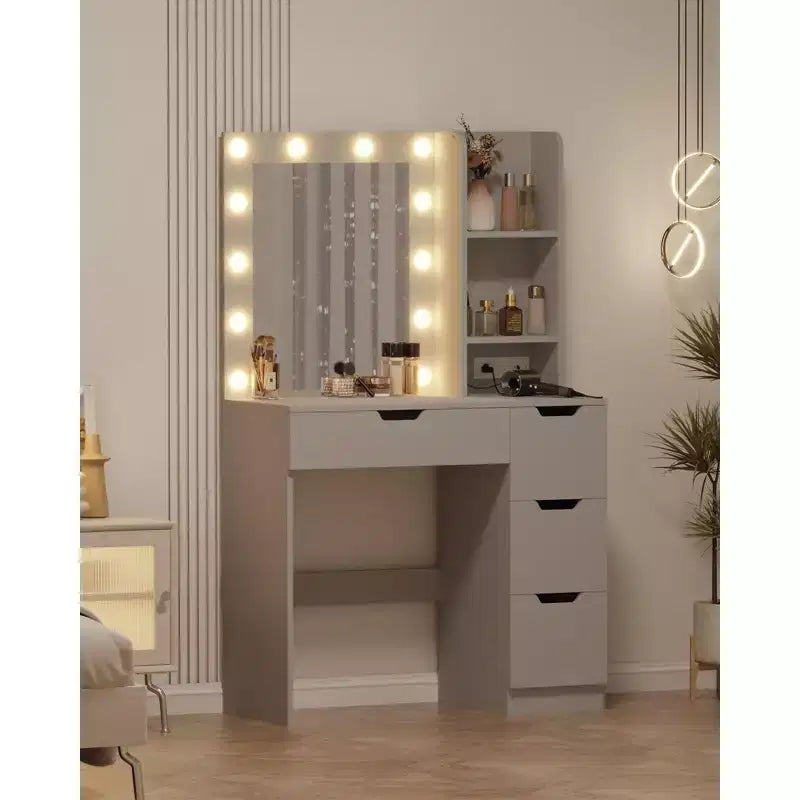 Coiffeuse avec miroir, table de maquillage avec 4 tiroirs et 3 étagères de rangement pour chambre et dressing