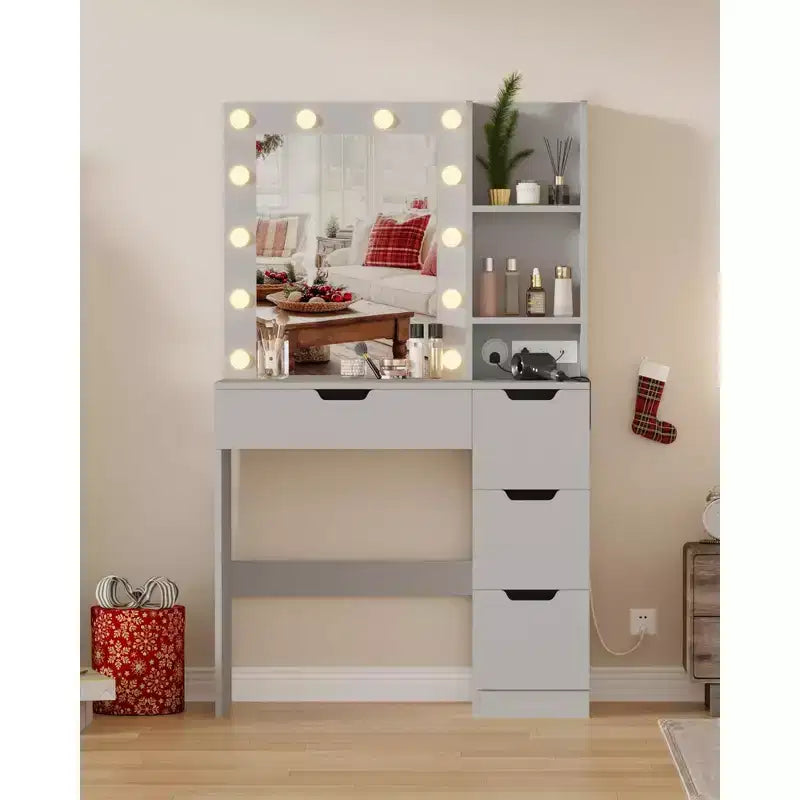 Coiffeuse avec miroir, table de maquillage avec 4 tiroirs et 3 étagères de rangement pour chambre et dressing