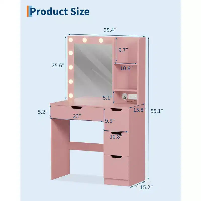 Coiffeuse avec miroir, table de maquillage avec 4 tiroirs et 3 étagères de rangement pour chambre et dressing