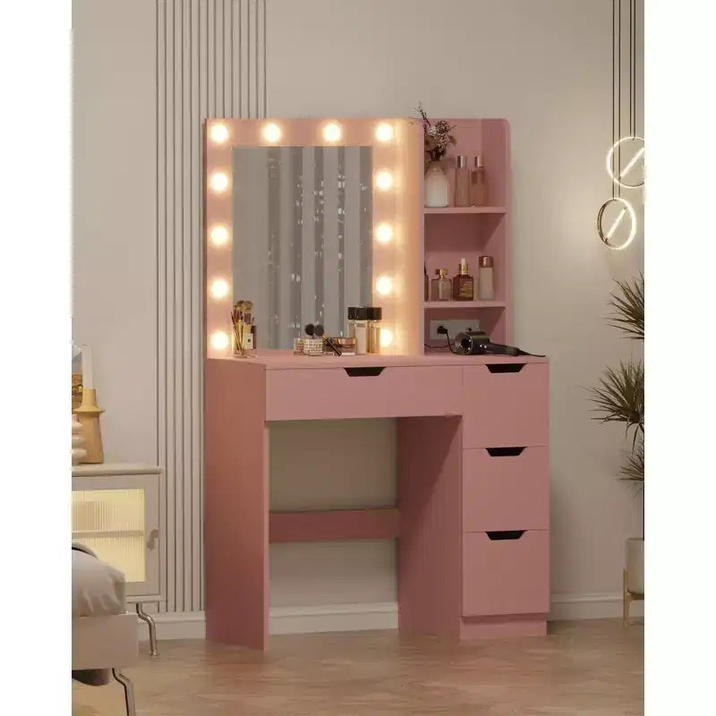 Coiffeuse avec miroir, table de maquillage avec 4 tiroirs et 3 étagères de rangement pour chambre et dressing