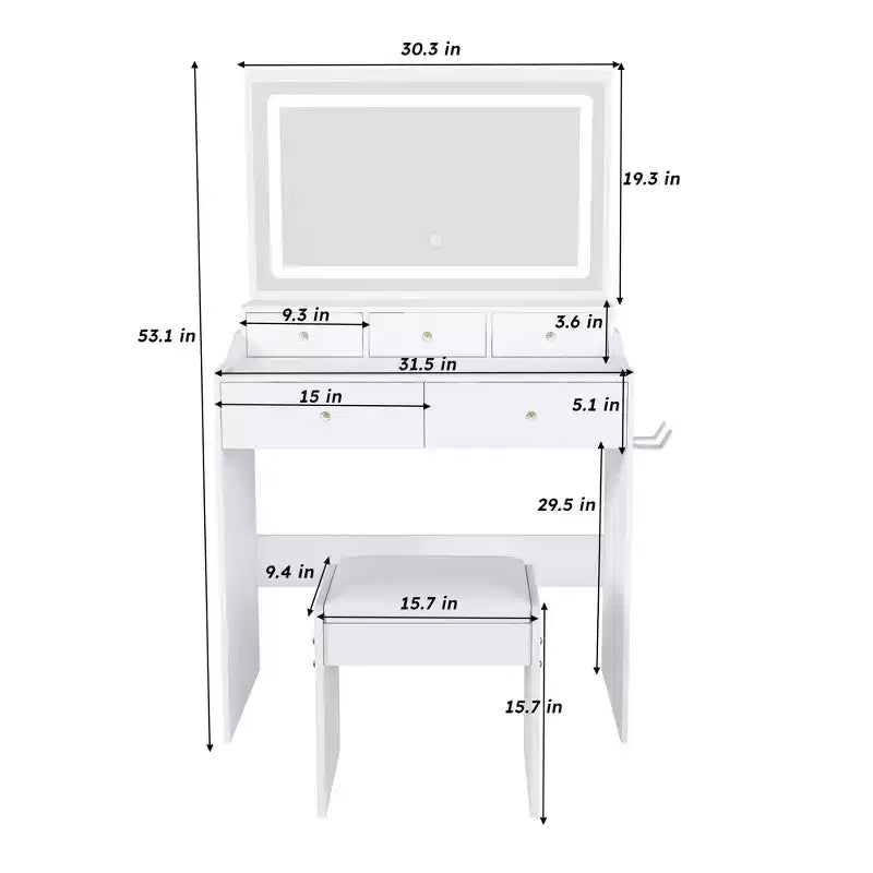 Coiffeuse moderne Okak avec grand miroir et lumières, meuble de rangement avec tiroirs et petit tabouret, ensemble de coiffeuse pour chambres à coucher