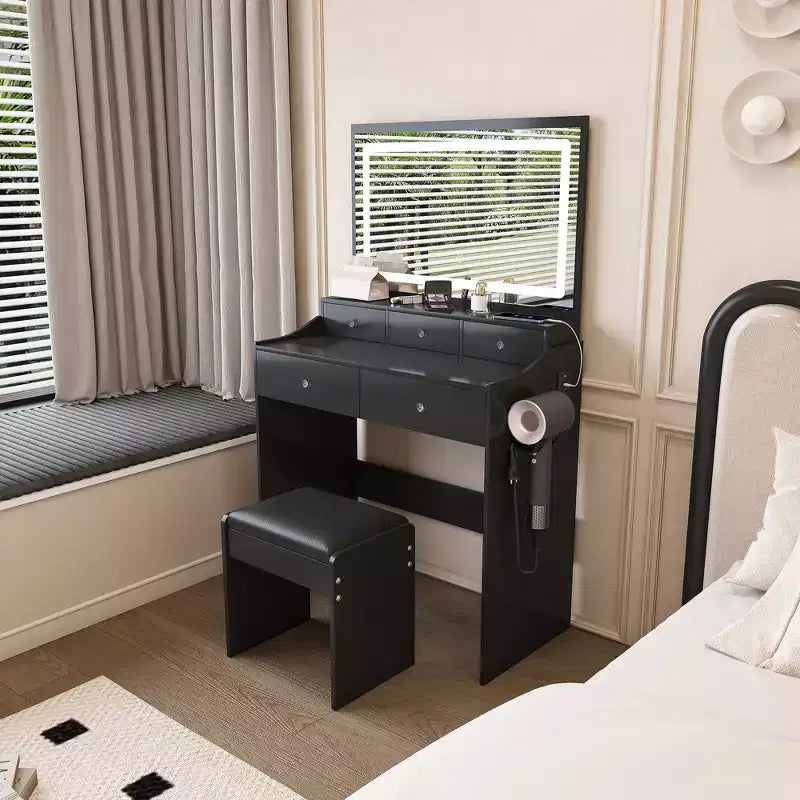 Coiffeuse moderne Okak avec grand miroir et lumières, meuble de rangement avec tiroirs et petit tabouret, ensemble de coiffeuse pour chambres à coucher