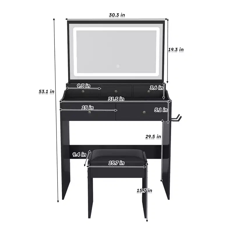 Coiffeuse moderne Okak avec grand miroir et lumières, meuble de rangement avec tiroirs et petit tabouret, ensemble de coiffeuse pour chambres à coucher
