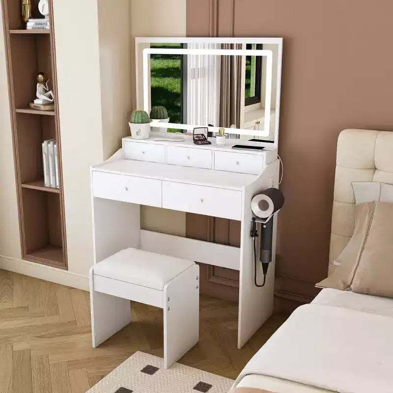 Coiffeuse moderne Okak avec grand miroir et lumières, meuble de rangement avec tiroirs et petit tabouret, ensemble de coiffeuse pour chambres à coucher