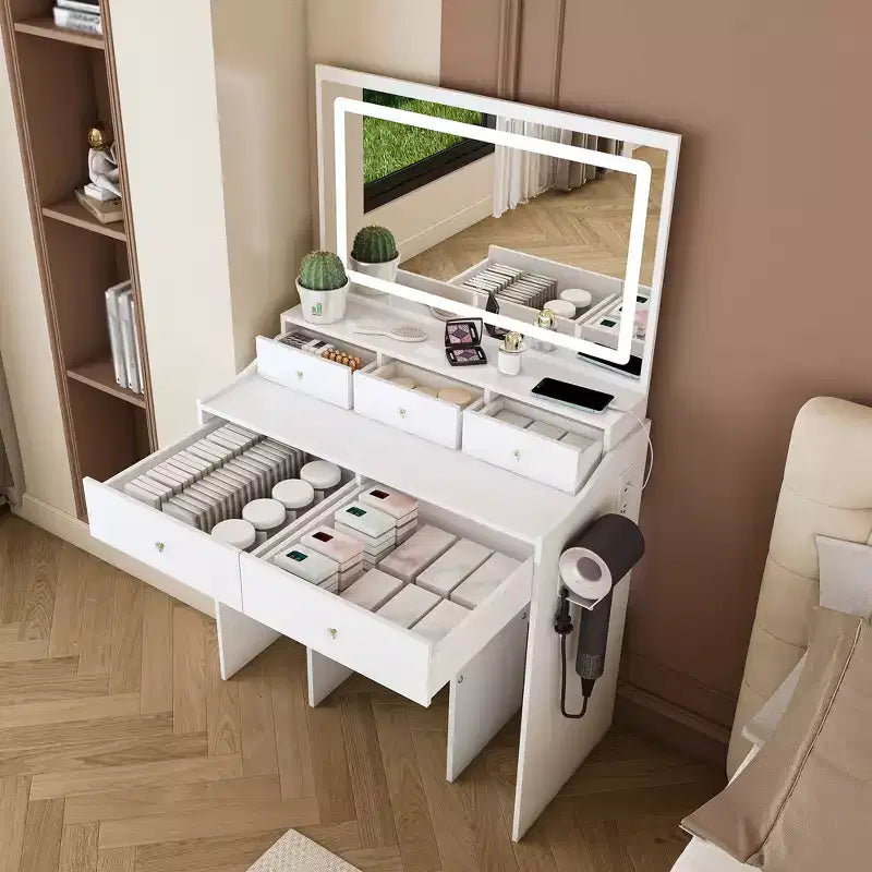 Coiffeuse moderne Okak avec grand miroir et lumières, meuble de rangement avec tiroirs et petit tabouret, ensemble de coiffeuse pour chambres à coucher