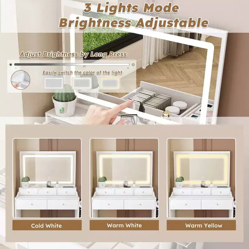 Coiffeuse moderne Okak avec grand miroir et lumières, meuble de rangement avec tiroirs et petit tabouret, ensemble de coiffeuse pour chambres à coucher