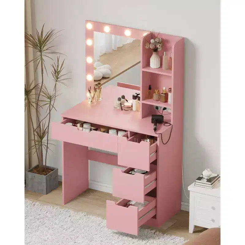 Coiffeuse Maquillage avec Miroir et Lumières, Grande Coiffeuse de 35W avec 4 Tiroirs et Rangement Ouvert, Table de Maquillage Moderne pour Chambre à Coucher