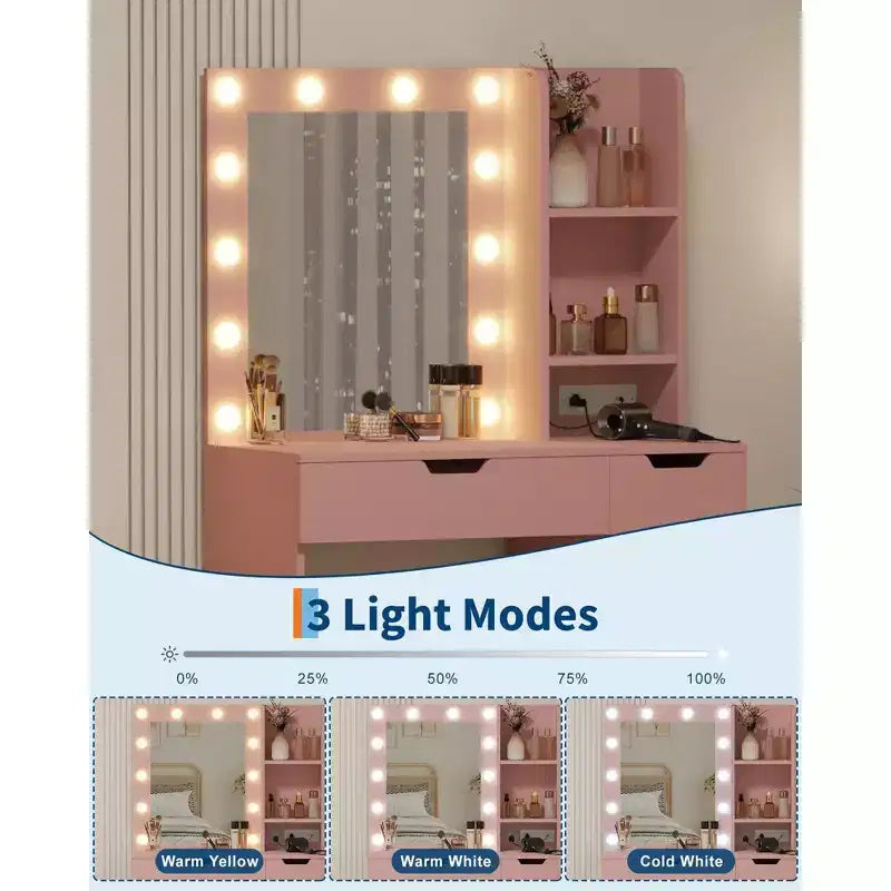 Coiffeuse Maquillage avec Miroir et Lumières, Grande Coiffeuse de 35W avec 4 Tiroirs et Rangement Ouvert, Table de Maquillage Moderne pour Chambre à Coucher