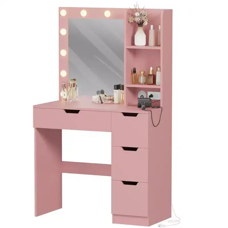 Coiffeuse Maquillage avec Miroir et Lumières, Grande Coiffeuse de 35W avec 4 Tiroirs et Rangement Ouvert, Table de Maquillage Moderne pour Chambre à Coucher