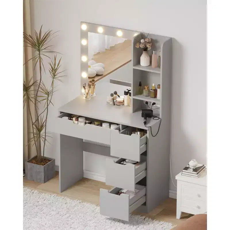 Coiffeuse Maquillage avec Miroir et Lumières, Grande Coiffeuse de 35W avec 4 Tiroirs et Rangement Ouvert, Table de Maquillage Moderne pour Chambre à Coucher