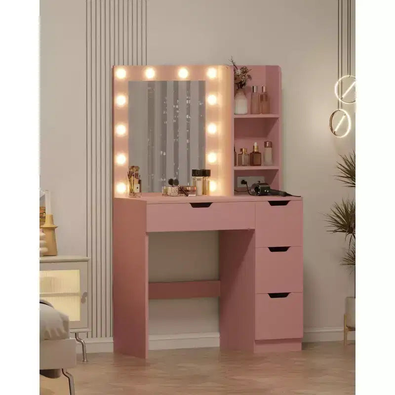 Coiffeuse Maquillage avec Miroir et Lumières, Grande Coiffeuse de 35W avec 4 Tiroirs et Rangement Ouvert, Table de Maquillage Moderne pour Chambre à Coucher