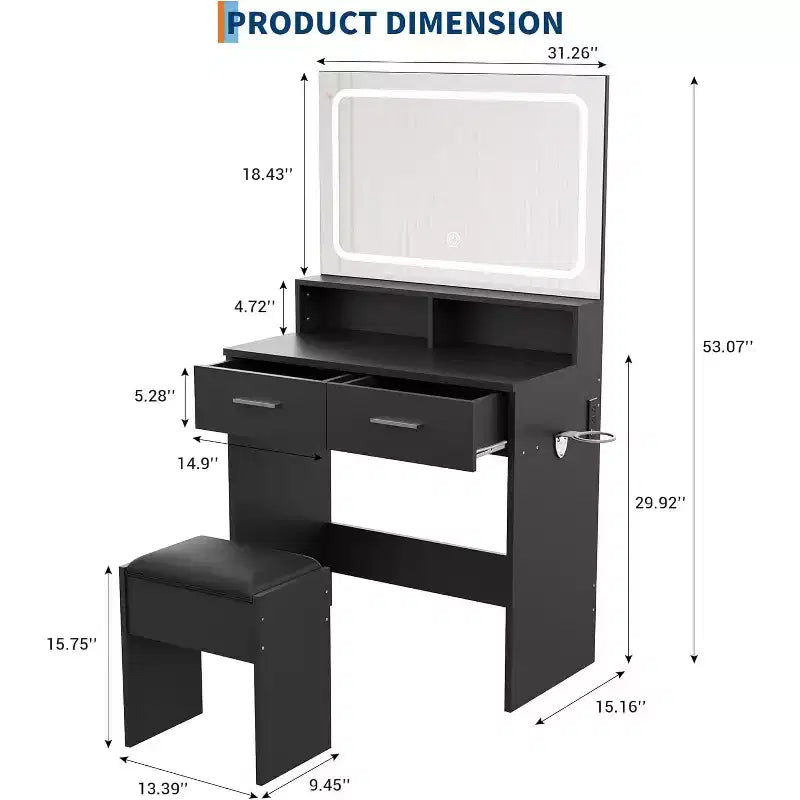 Coiffeuse moderne avec miroir LED réglable 3 couleurs, bureau de maquillage avec prise de courant et 2 tiroirs, coiffeuse et tabouret pour chambre à coucher