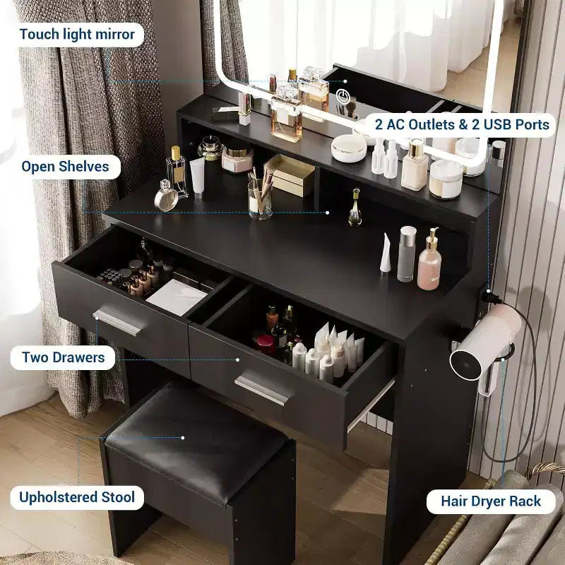 Coiffeuse moderne avec miroir LED réglable 3 couleurs, bureau de maquillage avec prise de courant et 2 tiroirs, coiffeuse et tabouret pour chambre à coucher