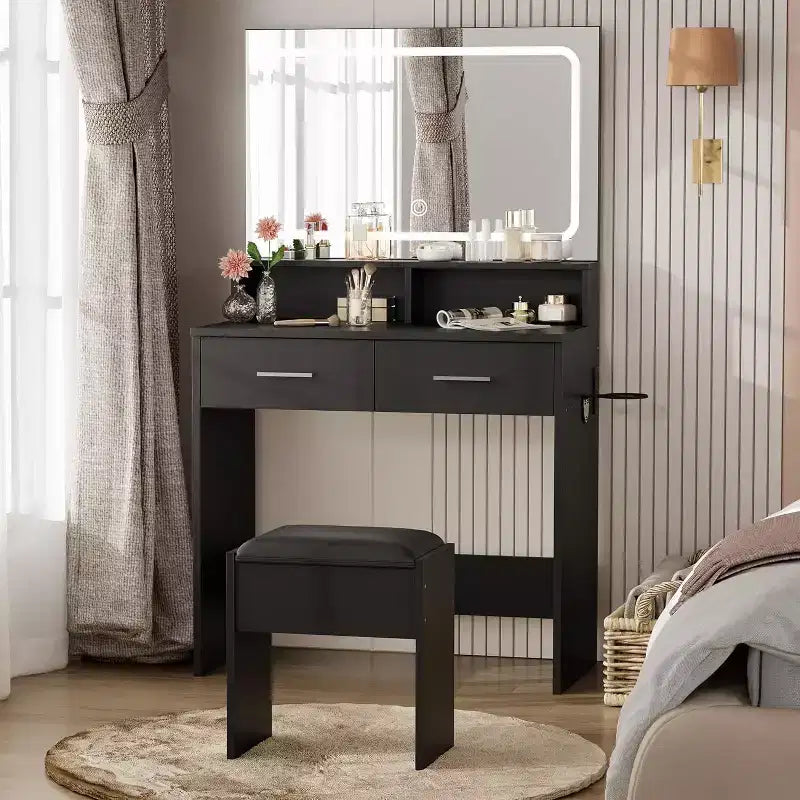Coiffeuse moderne avec miroir LED réglable 3 couleurs, bureau de maquillage avec prise de courant et 2 tiroirs, coiffeuse et tabouret pour chambre à coucher