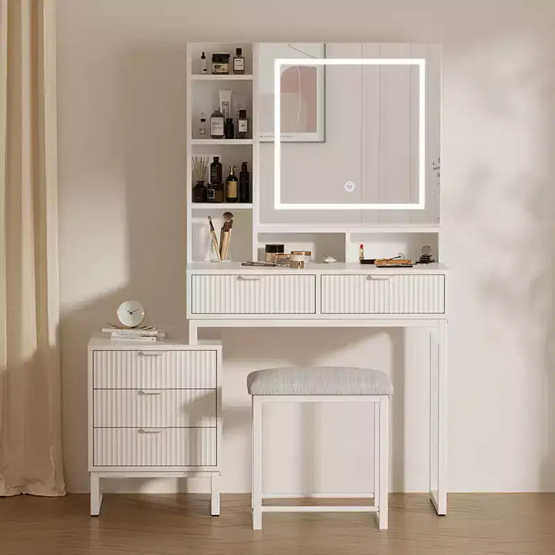 Coiffeuse avec miroir et lumières, Coiffeuse de maquillage avec miroir coulissant éclairé, Ensemble de coiffeuse avec 4 tiroirs, Tabouret rembourré