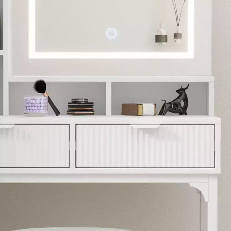 Coiffeuse avec miroir et lumières, Coiffeuse de maquillage avec miroir coulissant éclairé, Ensemble de coiffeuse avec 4 tiroirs, Tabouret rembourré