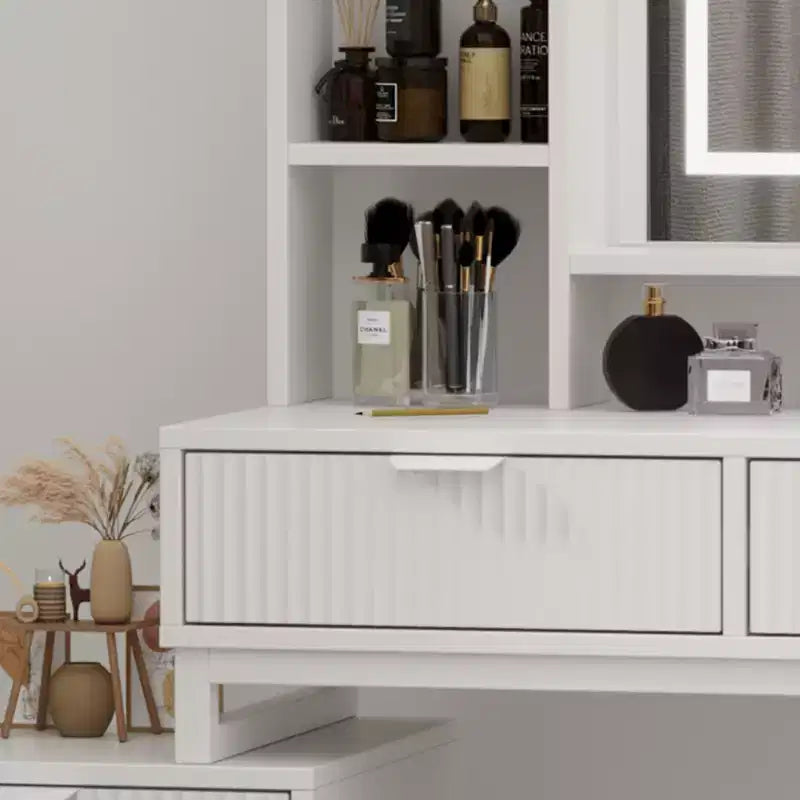 Coiffeuse avec miroir et lumières, Coiffeuse de maquillage avec miroir coulissant éclairé, Ensemble de coiffeuse avec 4 tiroirs, Tabouret rembourré