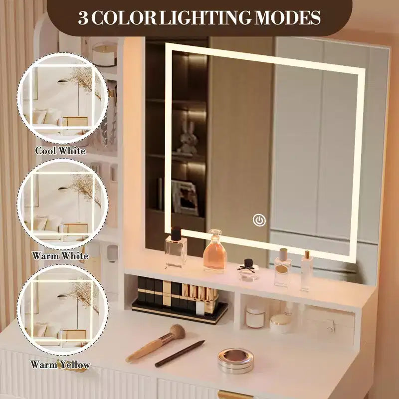 Coiffeuse avec miroir et lumières, Coiffeuse de maquillage avec miroir coulissant éclairé, Ensemble de coiffeuse avec 4 tiroirs, Tabouret rembourré