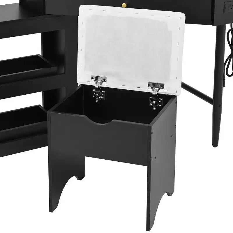 Coiffeuse d'angle Whisen avec tabouret rembourré, station de recharge, meuble latéral coulissant amovible