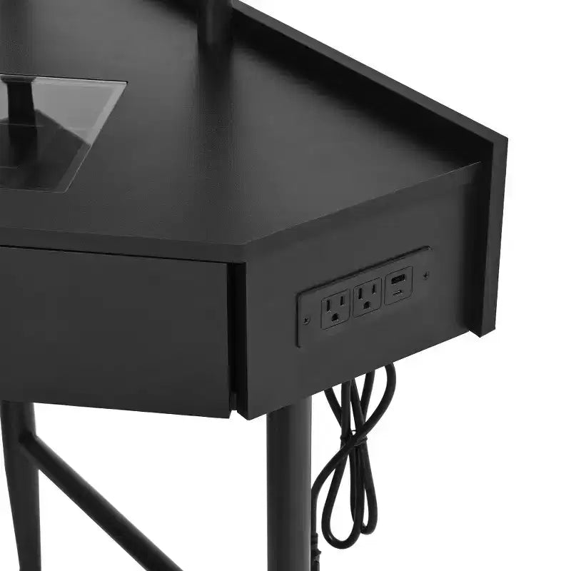 Coiffeuse d'angle Whisen avec tabouret rembourré, station de recharge, meuble latéral coulissant amovible