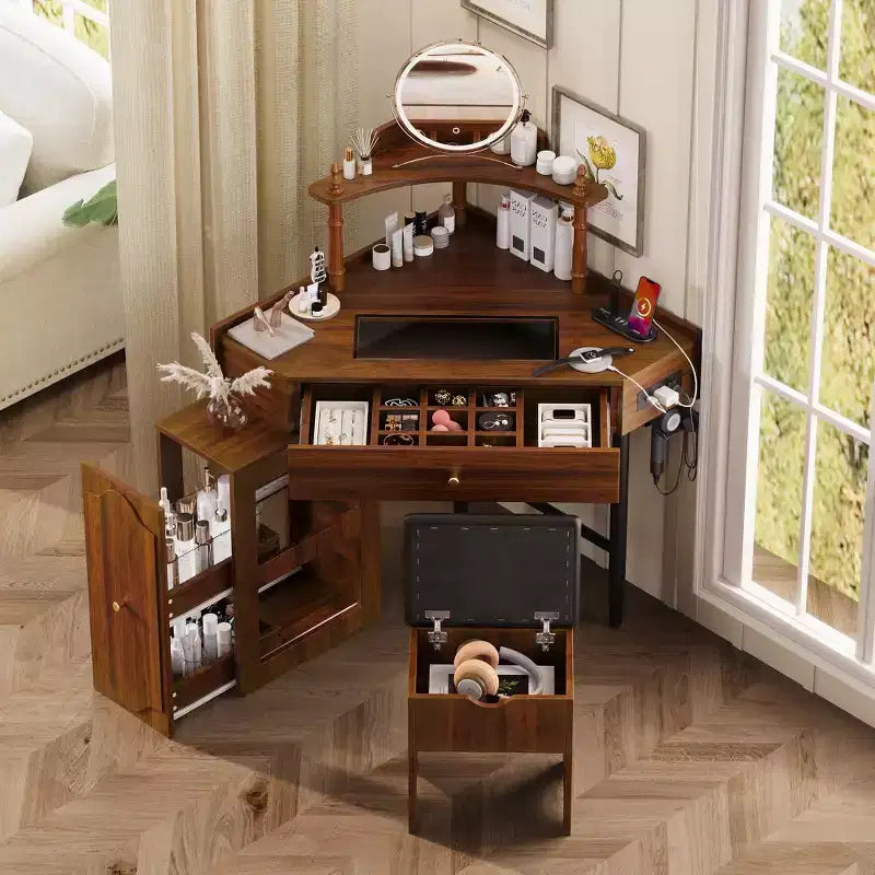 Coiffeuse d'angle Whisen avec tabouret rembourré, station de recharge, meuble latéral coulissant amovible