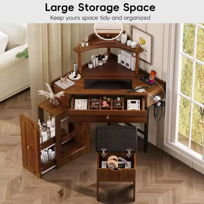 Coiffeuse d'angle Whisen avec tabouret rembourré, station de recharge, meuble latéral coulissant amovible