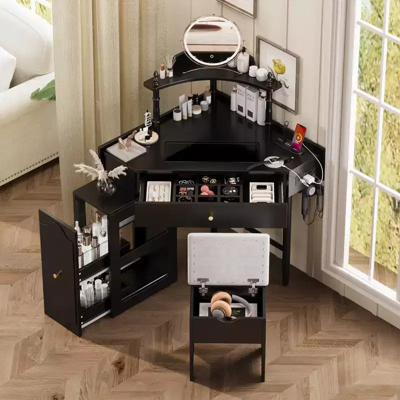 Coiffeuse d'angle Whisen avec tabouret rembourré, station de recharge, meuble latéral coulissant amovible