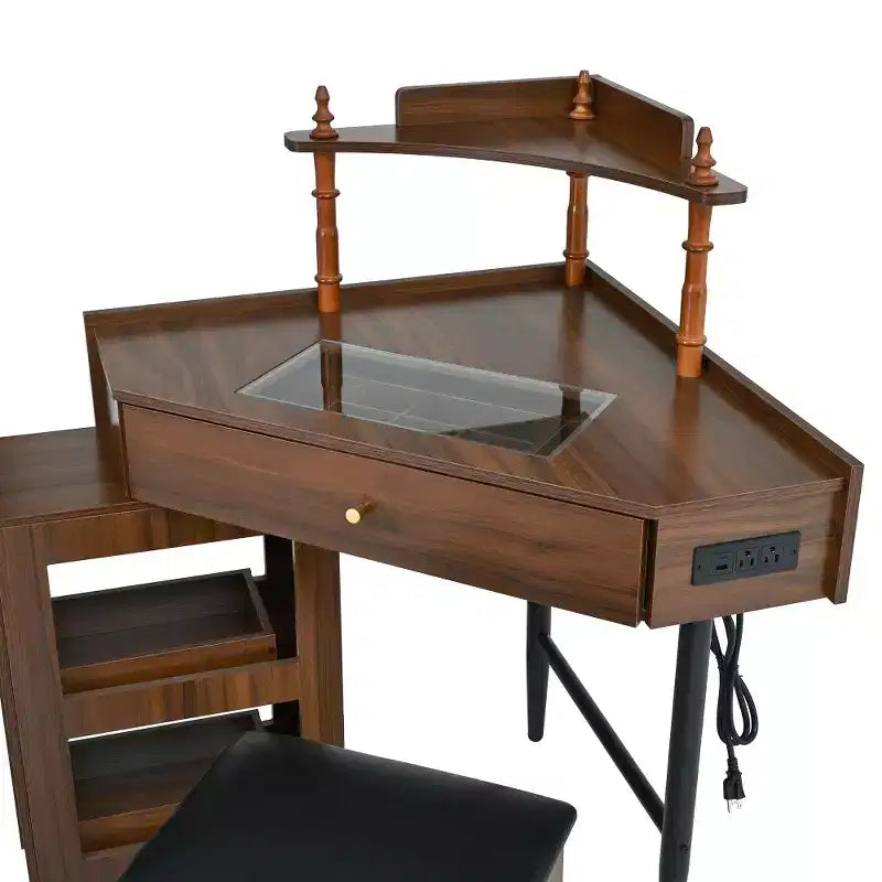 Coiffeuse d'angle Whisen avec tabouret rembourré, station de recharge, meuble latéral coulissant amovible