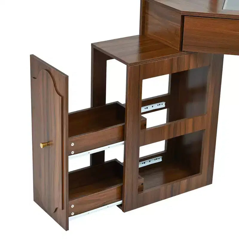 Coiffeuse d'angle Whisen avec tabouret rembourré, station de recharge, meuble latéral coulissant amovible