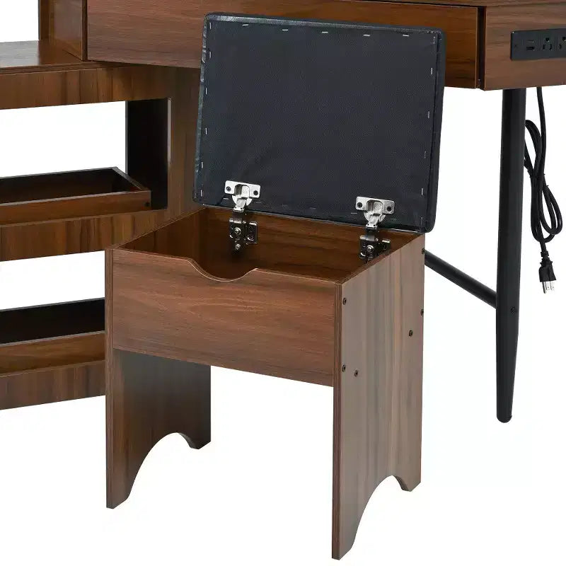 Coiffeuse d'angle Whisen avec tabouret rembourré, station de recharge, meuble latéral coulissant amovible