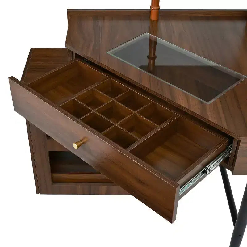 Coiffeuse d'angle Whisen avec tabouret rembourré, station de recharge, meuble latéral coulissant amovible