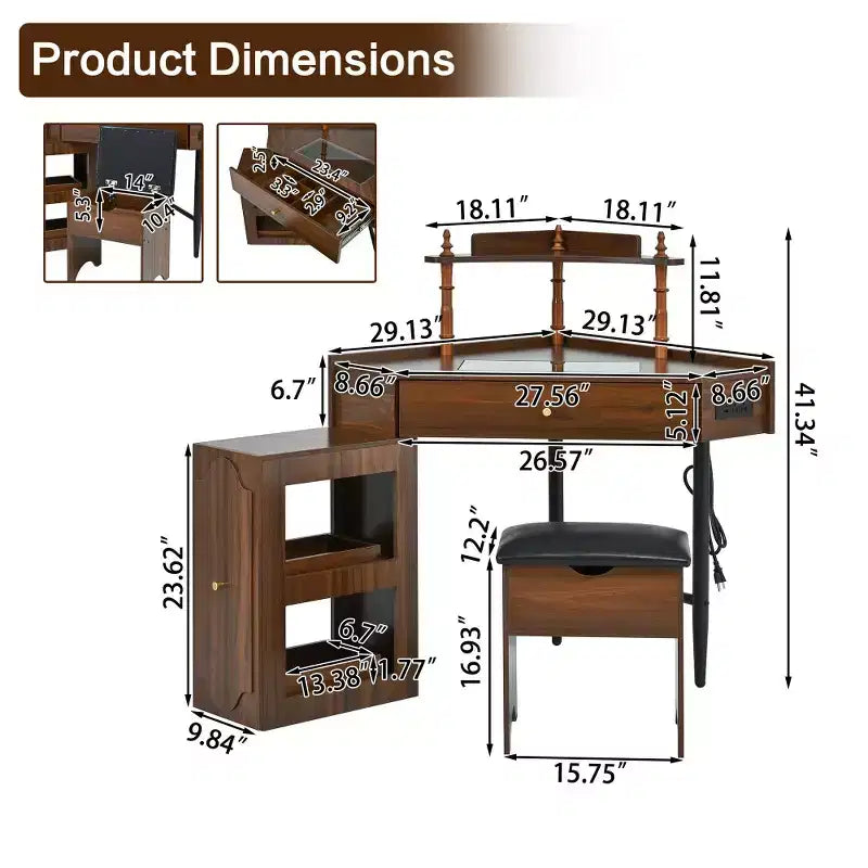 Coiffeuse d'angle Whisen avec tabouret rembourré, station de recharge, meuble latéral coulissant amovible