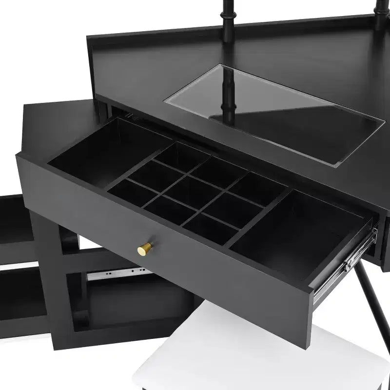 Coiffeuse d'angle Whisen avec tabouret rembourré, station de recharge, meuble latéral coulissant amovible