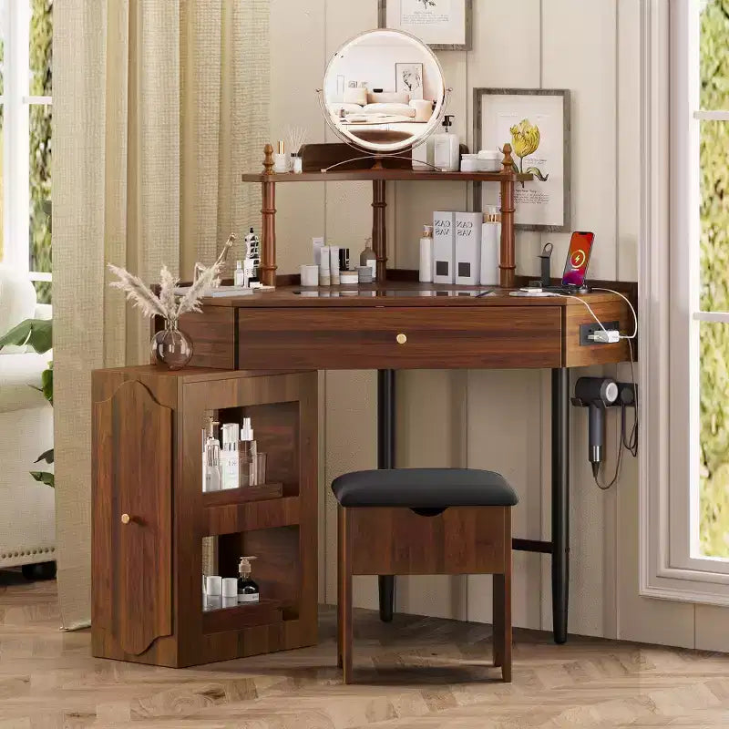 Coiffeuse d'angle Whisen avec tabouret rembourré, station de recharge, meuble latéral coulissant amovible