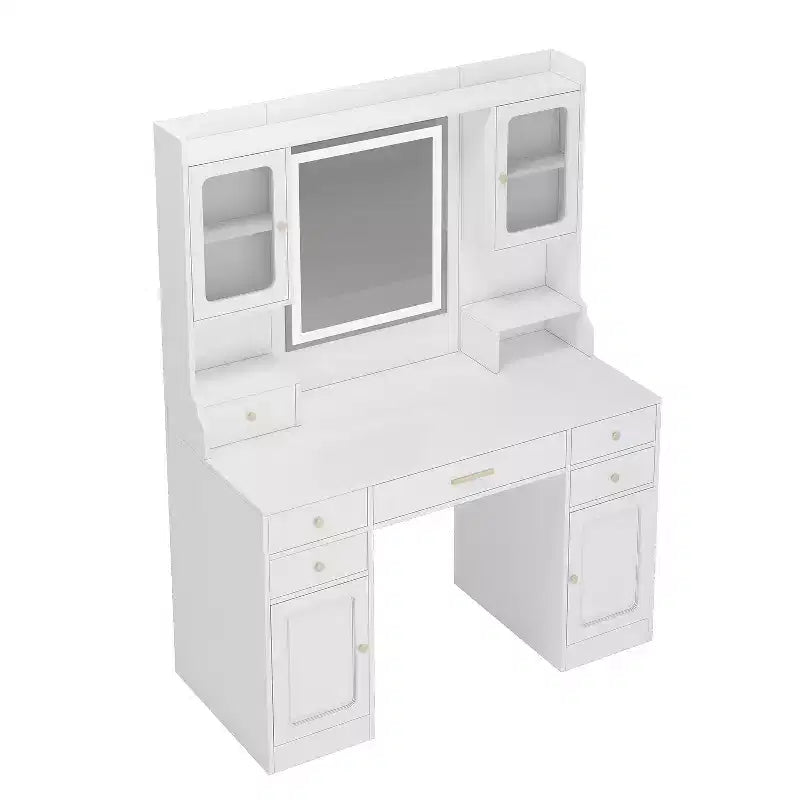 Coiffeuse avec miroir, 6 tiroirs et étagères, Blanc - ModernLuxe