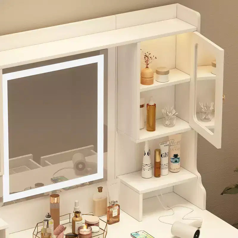 Coiffeuse avec miroir, 6 tiroirs et étagères, Blanc - ModernLuxe