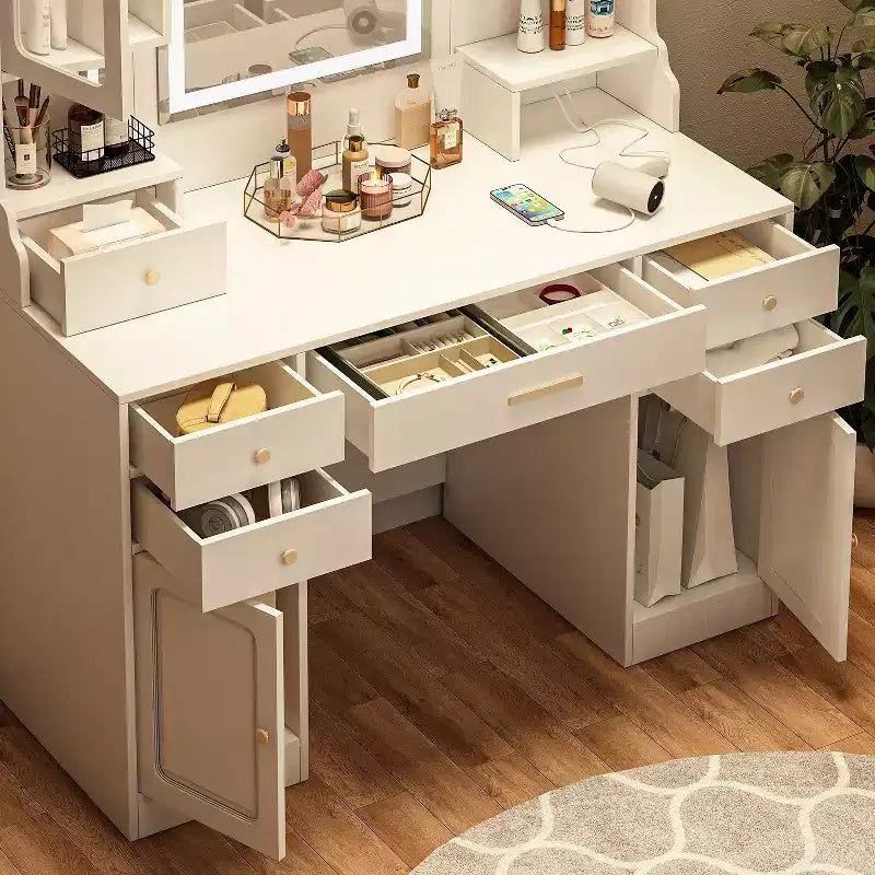 Coiffeuse avec miroir, 6 tiroirs et étagères, Blanc - ModernLuxe