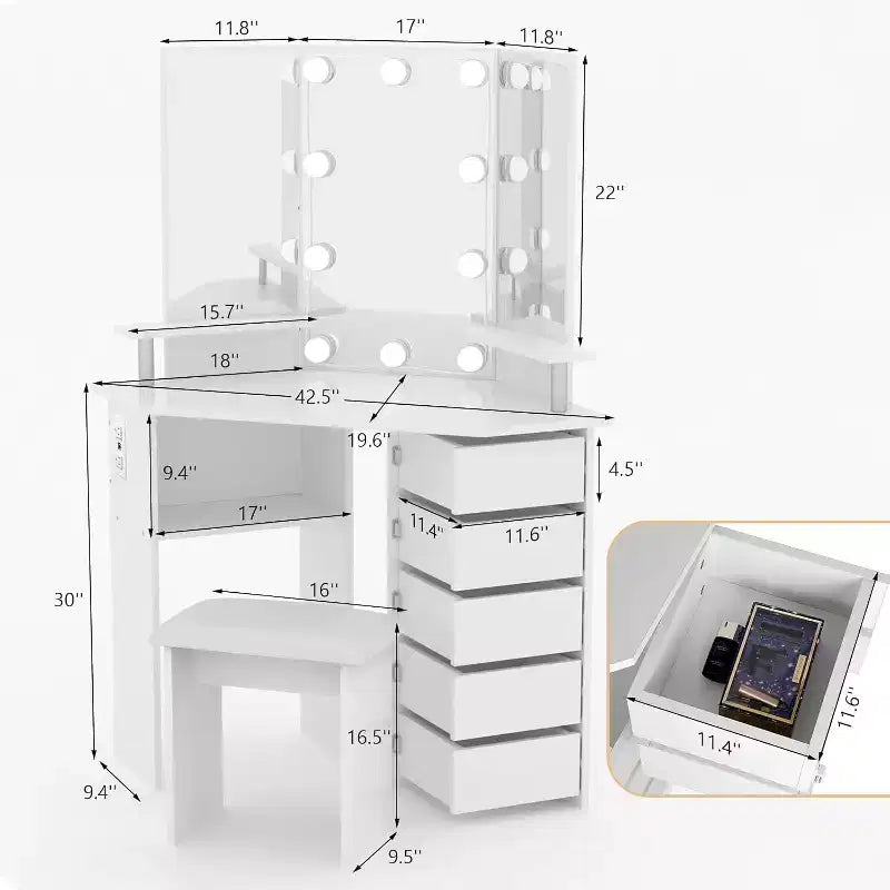 Coiffeuse d'angle COZONY avec lumières, table de maquillage avec prise électrique et tiroirs pivotants pour chambre à coucher