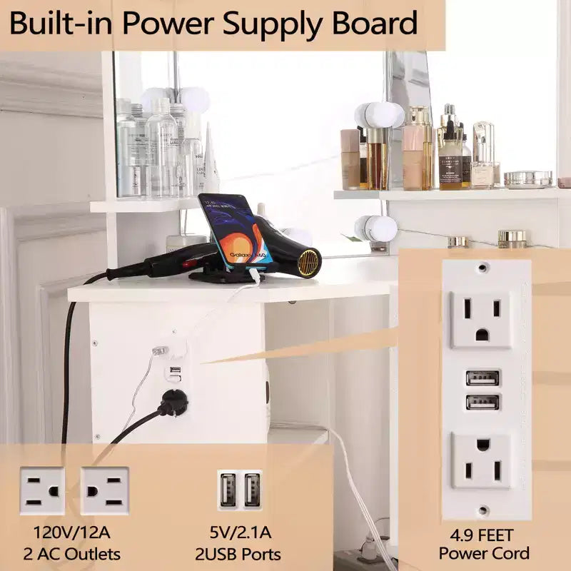 Coiffeuse d'angle COZONY avec lumières, table de maquillage avec prise électrique et tiroirs pivotants pour chambre à coucher