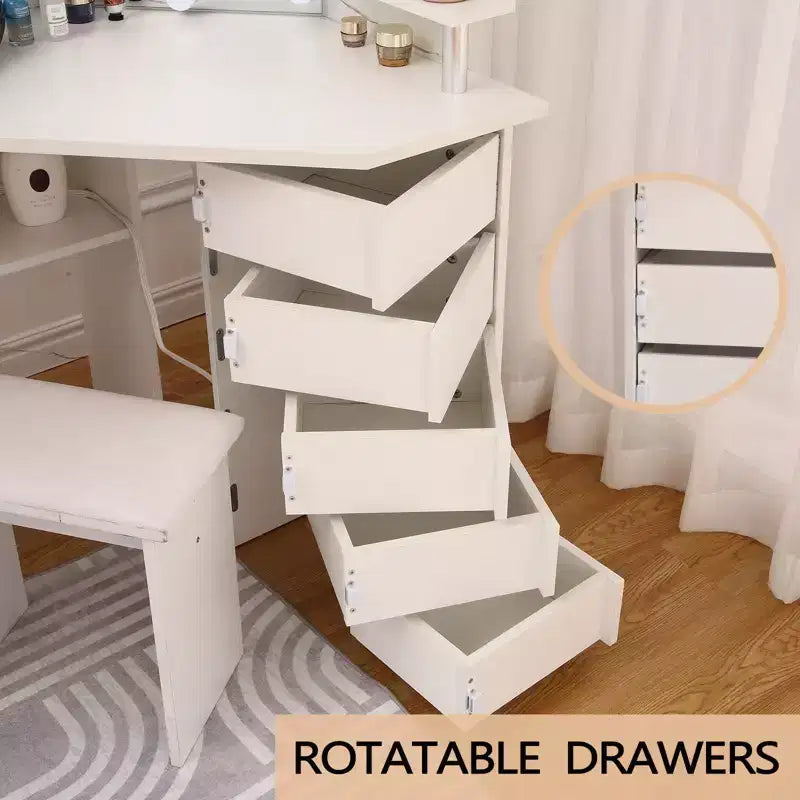 Coiffeuse d'angle COZONY avec lumières, table de maquillage avec prise électrique et tiroirs pivotants pour chambre à coucher