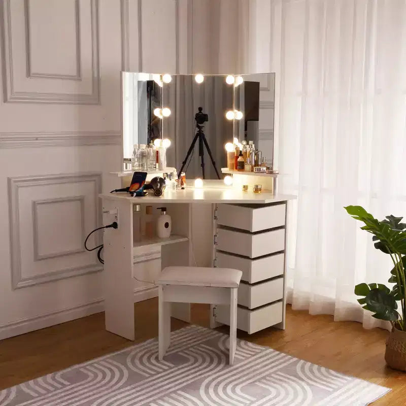 Coiffeuse d'angle COZONY avec lumières, table de maquillage avec prise électrique et tiroirs pivotants pour chambre à coucher