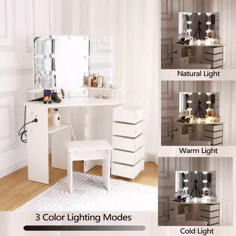 Coiffeuse d'angle COZONY avec lumières, table de maquillage avec prise électrique et tiroirs pivotants pour chambre à coucher