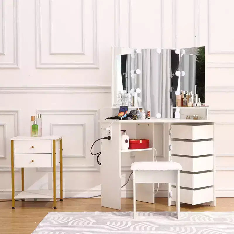 Coiffeuse d'angle COZONY avec lumières, table de maquillage avec prise électrique et tiroirs pivotants pour chambre à coucher